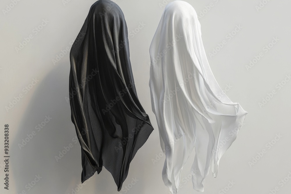Female niqab mockup, back view, in black and white Female niqab mockup, back view, in black and white