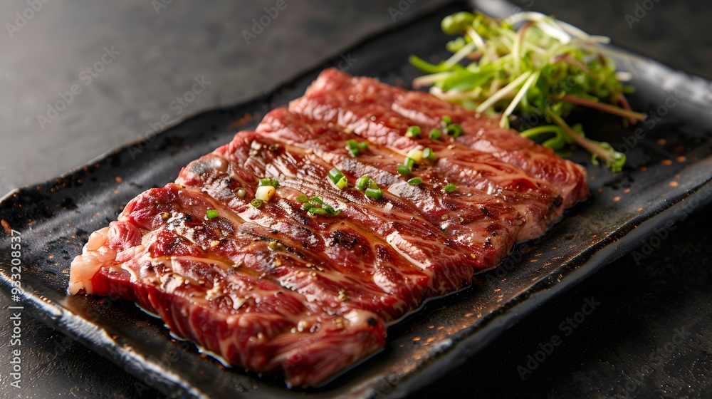 grilled beef steak on a dark background. expensive marbled beef of the highest grade fried to rare on the grill. grilled beef steak on a dark background. expensive marbled beef of the highest grade fried to rare on the grill.