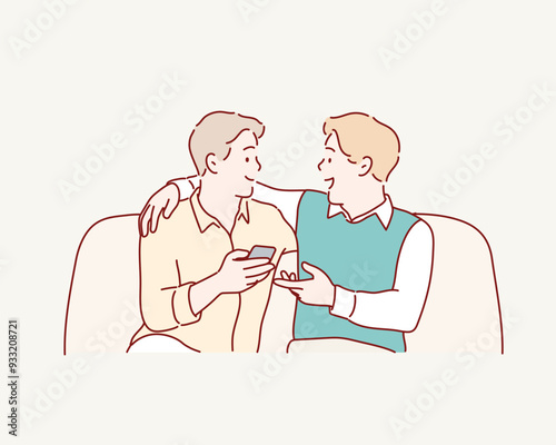 Two friends talking sitting in a couch in the living room. Hand drawn style vector design illustrations.