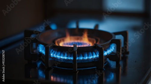 gas stove, the burner is on, blue gas is visible.