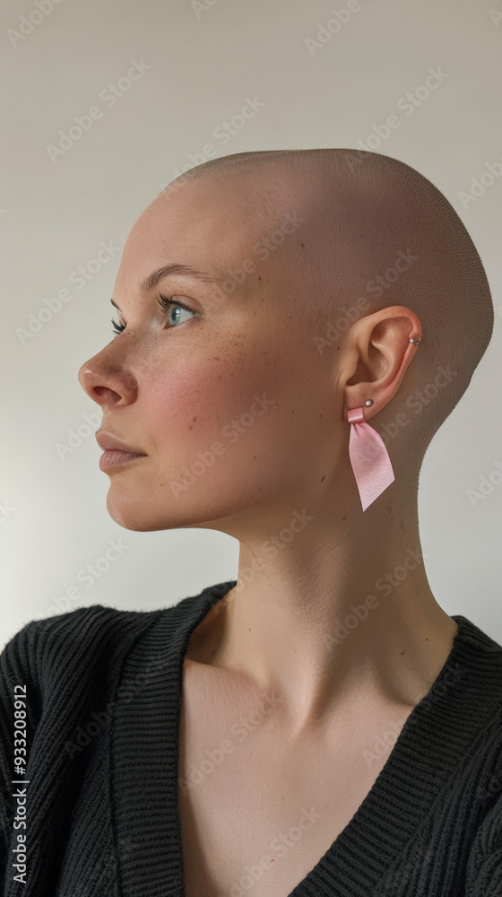 Determined woman with bald head and pink ribbon earring
Determined woman with bald head and pink ribbon earring