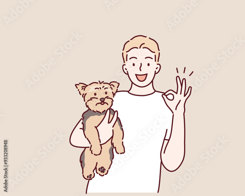 man with a dog Yorkshire terrier. Hand drawn style vector design illustrations.