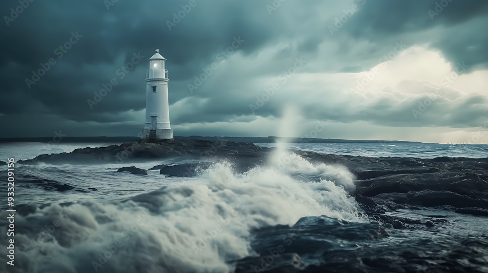 A white lighthouse on rocks in the rough sea under a stormy A white lighthouse on rocks in the rough sea under a stormy
