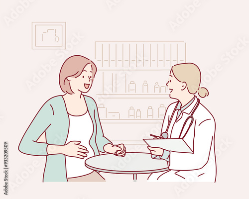 A woman expecting a baby visits the doctors office, examination during pregnancy. A pregnant woman is talking to an obstetrician gynecologist. Hand drawn style vector design illustrations.