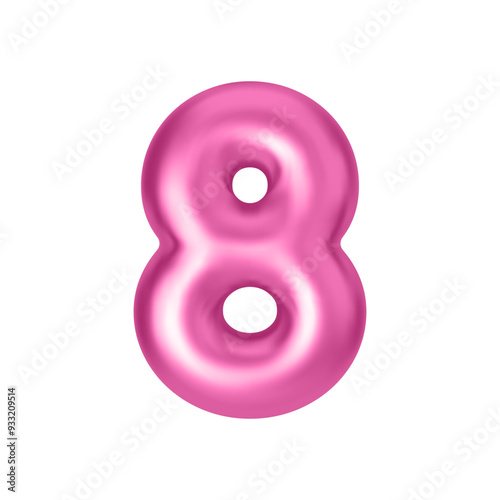 Pink metallic number 8. Foil and latex balloon number eight in 3d style. Realistic design elements isolated on white background. Vector illustration