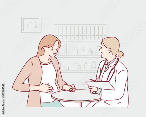 A woman expecting a baby visits the doctors office, examination during pregnancy. A pregnant woman is talking to an obstetrician gynecologist. Hand drawn style vector design illustrations. photo