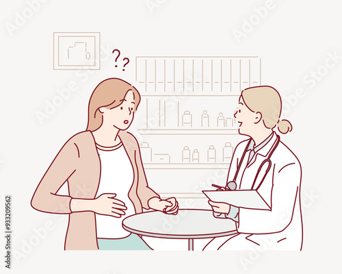 A woman expecting a baby visits the doctors office, examination during pregnancy. A pregnant woman is talking to an obstetrician gynecologist. Hand drawn style vector design illustrations.