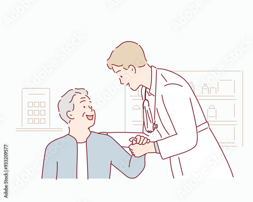 Health worker holding patient's hand. a senior man holding hands with a doctor. Hand drawn style vector design illustrations.