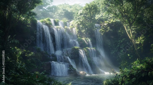 Jungle Waterfall with Sunlight Rays