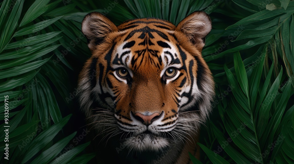 Fototapeta premium Majestic Tiger with Diamond Eyes Roaming in Lush Jungle - 8K High Detail Image with Copy Space for Text