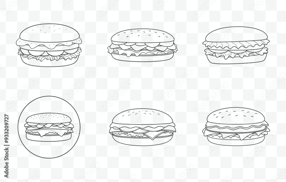 Print Roast Beef Sandwich Line Art Vector Set with Detailed Illustrations of Sandwich Ingredients and Assembly Process Print Roast Beef Sandwich Line Art Vector Set with Detailed Illustrations of Sandwich Ingredients and Assembly Process