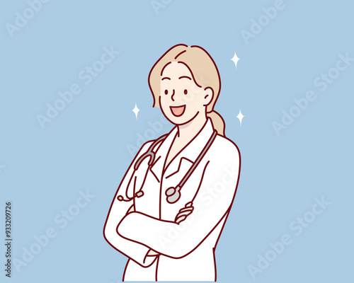 Confident female doctor with arms crossed over. Hand drawn style vector design illustrations.