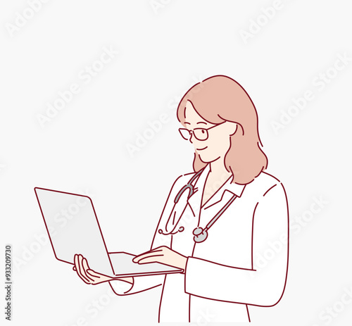 Happy female doctor in lab coat holding an open laptop, ready for online medical consultation. Hand drawn style vector design illustrations.