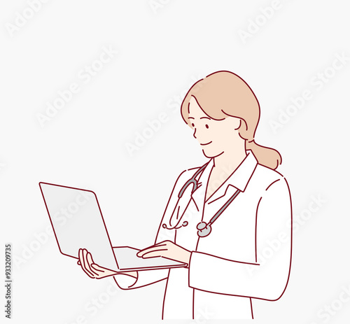 Happy female doctor in lab coat holding an open laptop, ready for online medical consultation. Hand drawn style vector design illustrations.