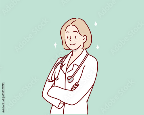 Confident female doctor with arms crossed over. Hand drawn style vector design illustrations.