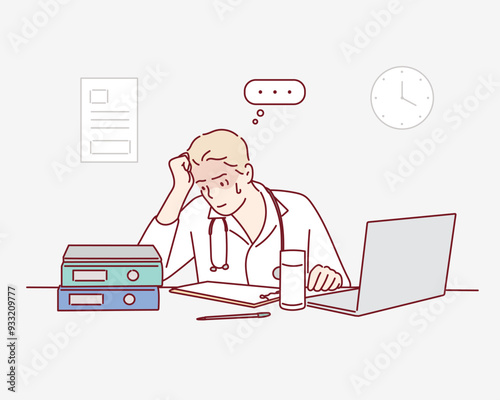 Headache, doctor and man at laptop in medical office with burnout challenge, clinic problem and stress. Hand drawn style vector design illustrations.