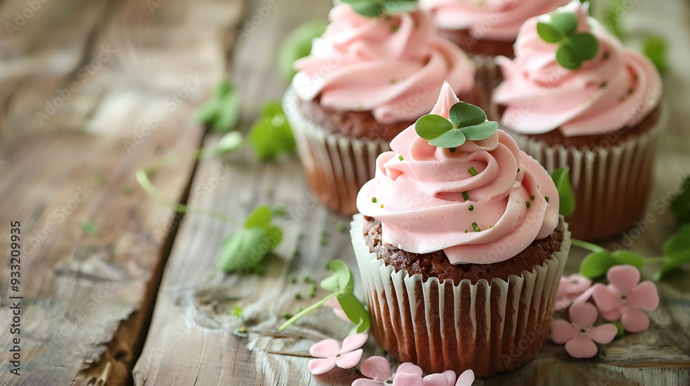 Delectable cupcakes on a wooden table adorned with clover