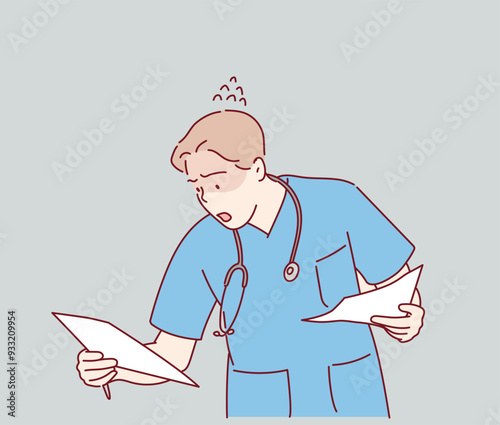 Perplexed Doctor Reading Out Disappointing Medical Test Result. Hand drawn style vector design illustrations.