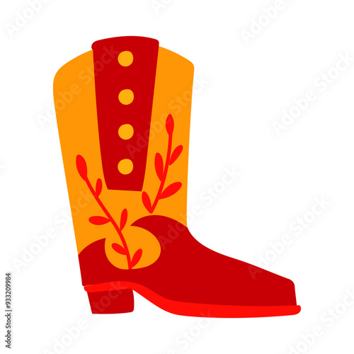Cowboy, Mexican boots with a grass pattern. The theme of a cowboy western and the wild west. Vector isolated red yellow isolated object design. High-heeled shoes, unisex with leaf pattern