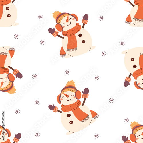 Seamless vector pattern in children's style for New Year holidays. Cute snowman in winter hat and mittens, snowflakes. Vector illustration