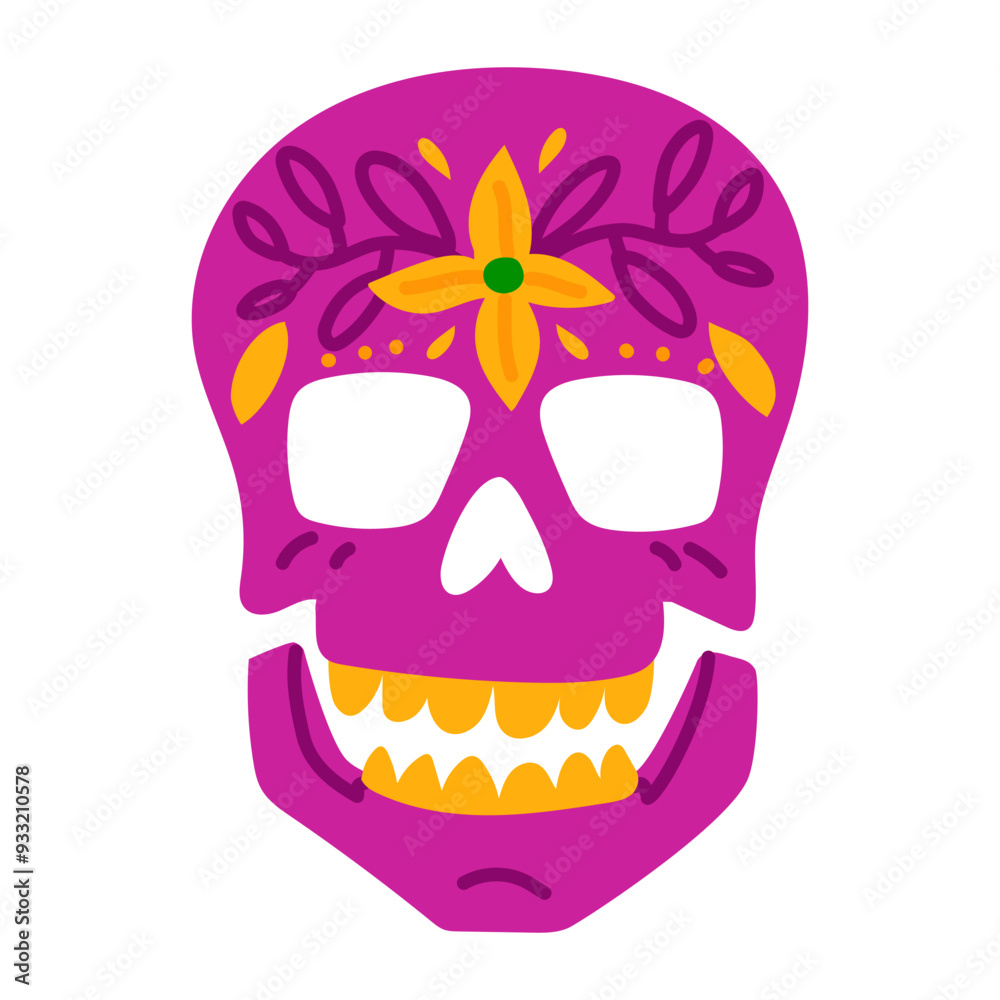 A Mexican painted skull for the Day of the Dead holiday. A skull with drawings of flowers. A cute flat vector illustration is isolated on white. Mexican style and theme, holiday, event, traditions A Mexican painted skull for the Day of the Dead holiday. A skull with drawings of flowers. A cute flat vector illustration is isolated on white. Mexican style and theme, holiday, event, traditions