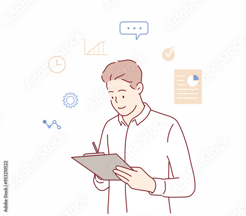 man hold check-list think start-up strategy plan. Hand drawn style vector design illustrations.