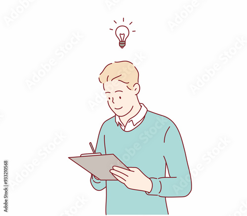 man hold check-list think start-up strategy plan. Hand drawn style vector design illustrations.