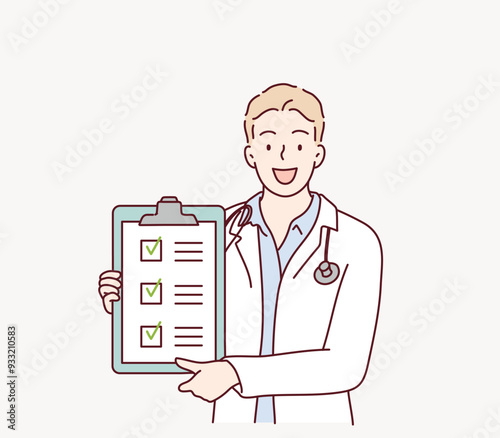Doctor with a Checklist. Hand drawn style vector design illustrations.
