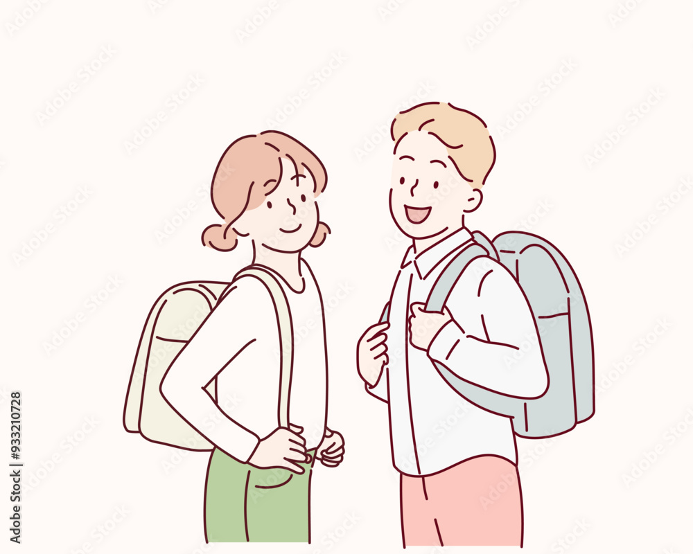 Little school children stand holding books with backpacks. Hand drawn style vector design illustrations. Little school children stand holding books with backpacks. Hand drawn style vector design illustrations.