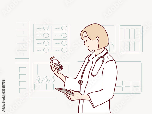 A female doctor holds pills in his hand. Hand drawn style vector design illustrations.