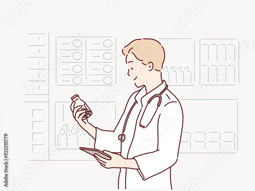 A male doctor holds pills in his hand. Hand drawn style vector design illustrations.