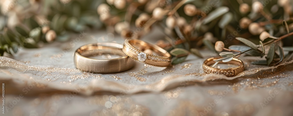 Golden wedding rings on a shimmering surface, surrounded by soft light reflections. Free copy space for text. Golden wedding rings on a shimmering surface, surrounded by soft light reflections. Free copy space for text.