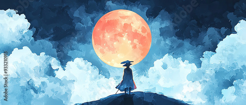 Eerie full moon, glowing bright, dark clouds, spooky night sky, Watercolor style