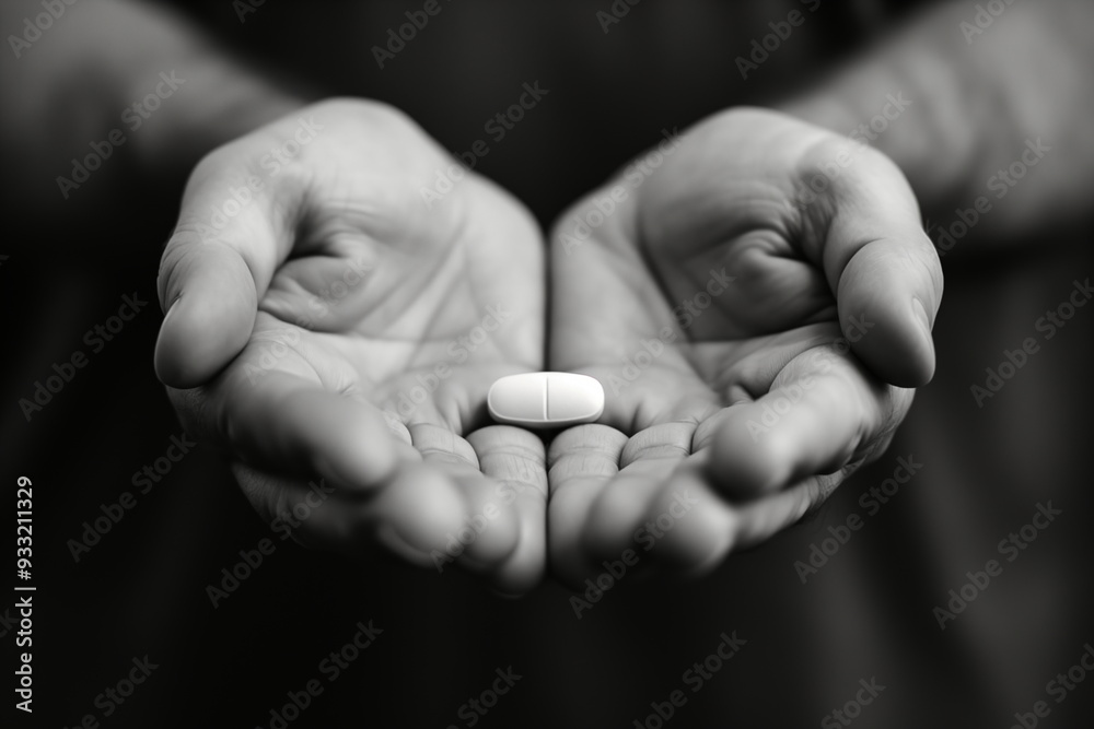 Surreal healthcare metaphor hands clutching outlandish pill. Unbelievable healthcare visual of individual huge pill display. Image represents overwhelming feeling of dealing large tasks. Surreal healthcare metaphor hands clutching outlandish pill. Unbelievable healthcare visual of individual huge pill display. Image represents overwhelming feeling of dealing large tasks.