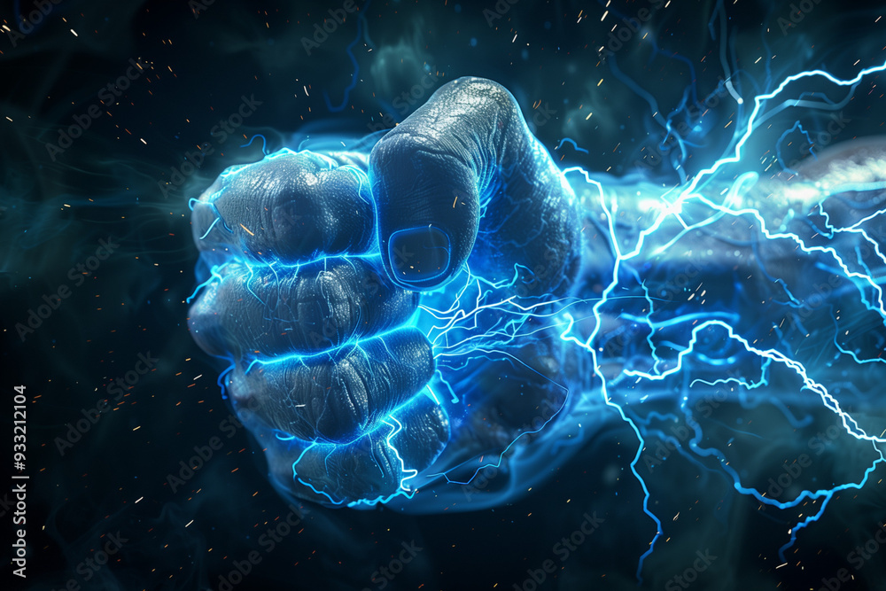 Fototapeta premium Electrifying Fist Surrounded by Blue Lightning in a Powerful and Dynamic Abstract Background.
