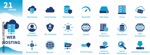 Web hosting icon. Set of icons on the theme of information technology, computers, internet, cloud storage, cyber security. Solid vector icons.