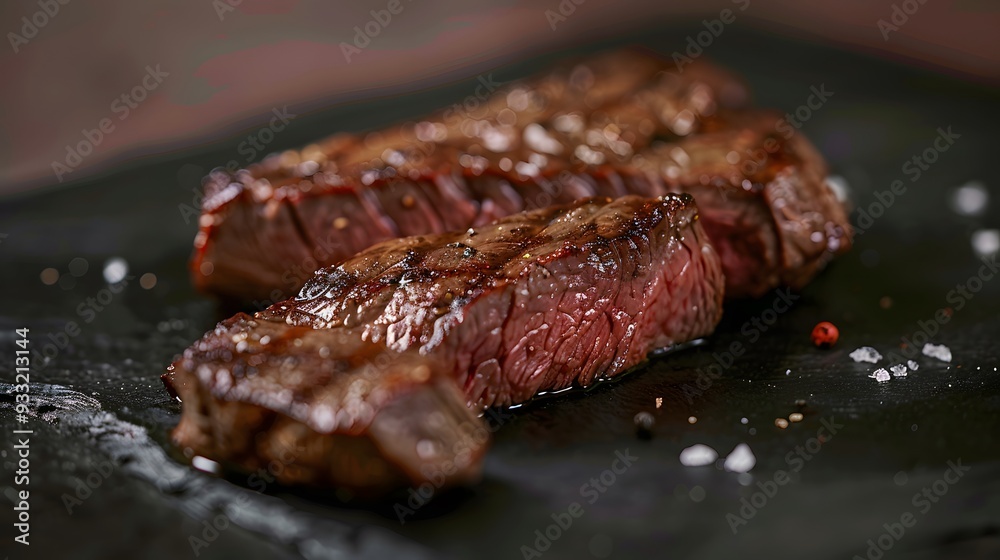 grilled beef steak on a dark background. expensive marbled beef of the highest grade fried to rare on the grill. grilled beef steak on a dark background. expensive marbled beef of the highest grade fried to rare on the grill.
