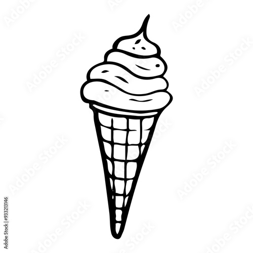 Ice cream in waffle cone hand drawn doodle. Summer cold dessert. Soft chilled cream. Street dairy food. Sweet snack. Culinary product. Vector sketch line art illustration.