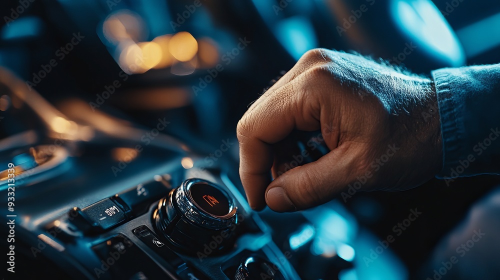 Man's hand switches manual transmission closeup Man's hand switches manual transmission closeup
