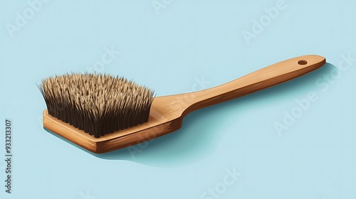 A wooden-handled brush with a brown bristle head, set against a pale blue background.