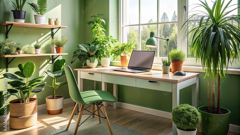 Fototapeta premium A tidy and organized green desk with a few strategically placed plants and a laptop, surrounded by natural light and a calm atmosphere.