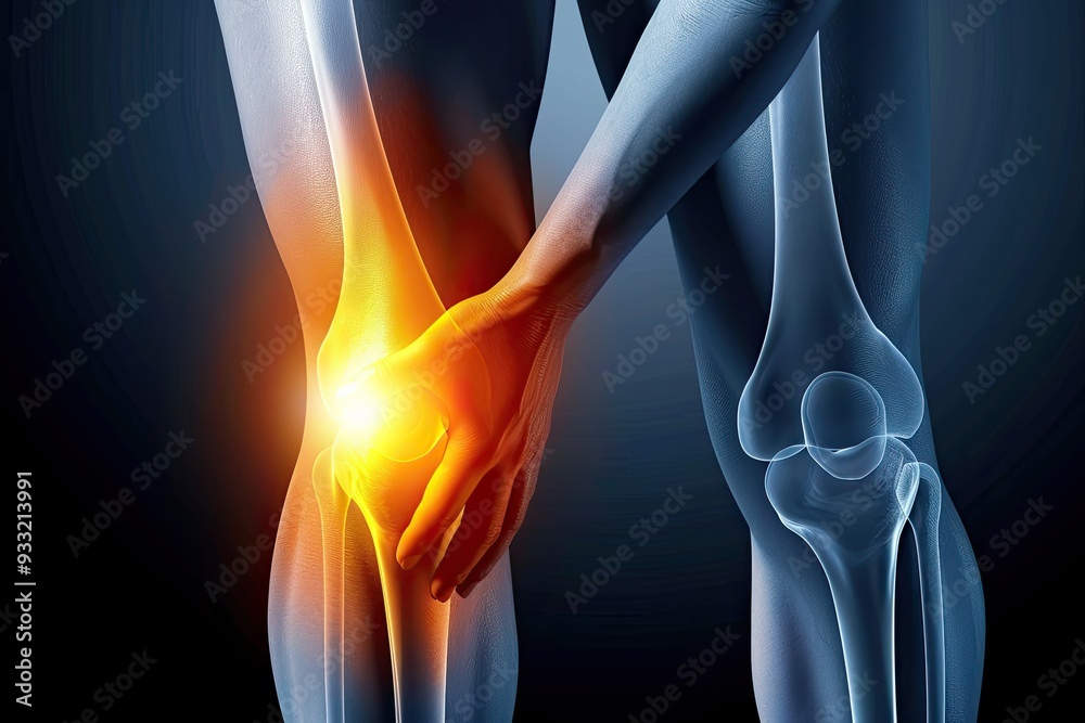 knee pain, focusing on joint inflammation with a highlighted area around the knee joint