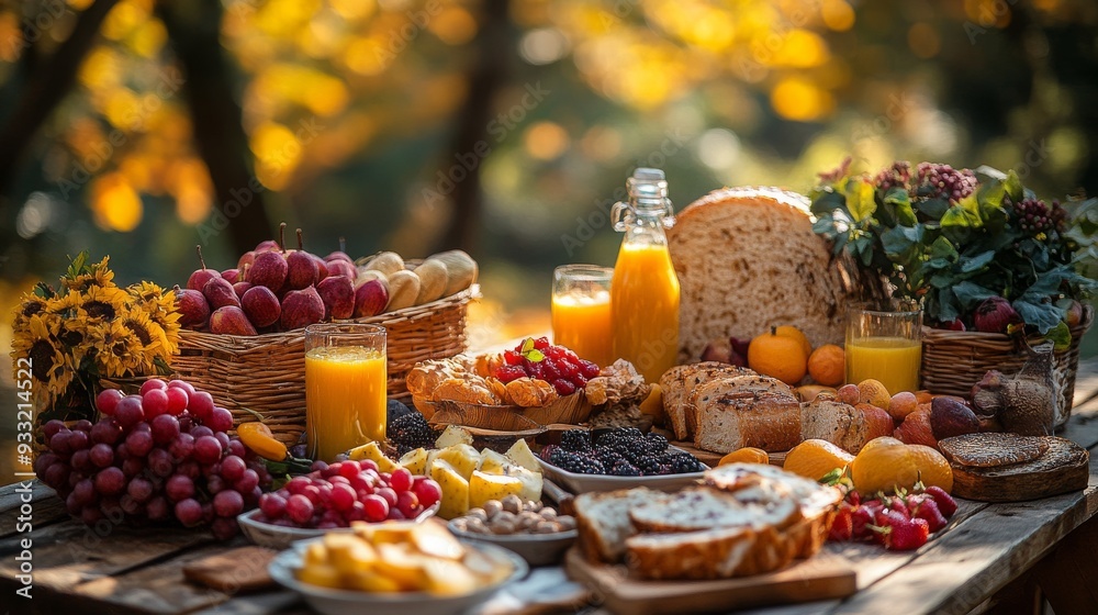 Autumn picnic table adorned with a bounty of seasonal foods in a picturesque outdoor setting Autumn picnic table adorned with a bounty of seasonal foods in a picturesque outdoor setting