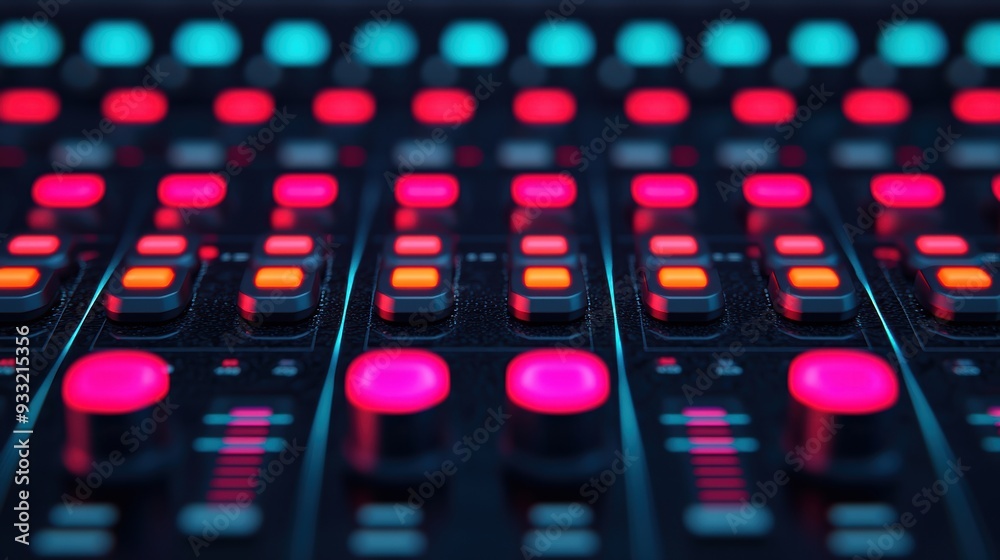 Illuminated Digital Soundboard with Glowing Gem Controls - High Detail 8K Image with Copy Space for Text Illuminated Digital Soundboard with Glowing Gem Controls - High Detail 8K Image with Copy Space for Text