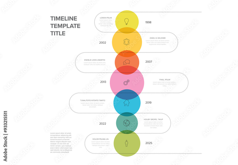 Rainbow color circles on the vertical time line - multipurpose infographic timeline template