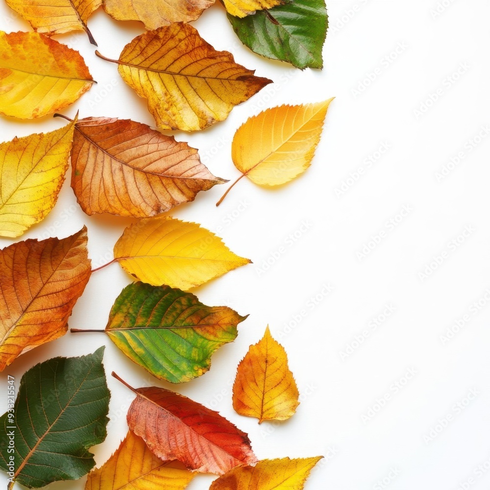 Fototapeta premium Autumn banner with place for text. composition of leaves on a white background