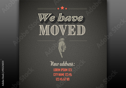 We are moving minimalistic dark retro vintage flyer template with iconic hand