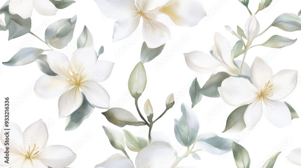 Fototapeta premium A delicate floral pattern featuring elegant white flowers and soft green leaves on a light background.