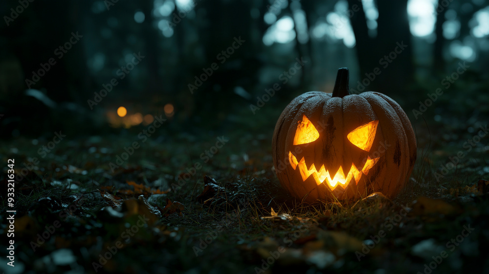 Halloween pumpkin with a glowing face on the grass in a dark forest at night 