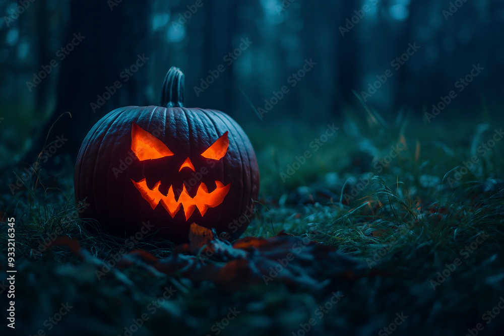 Halloween pumpkin with a glowing face on the grass in a dark forest at night Halloween pumpkin with a glowing face on the grass in a dark forest at night